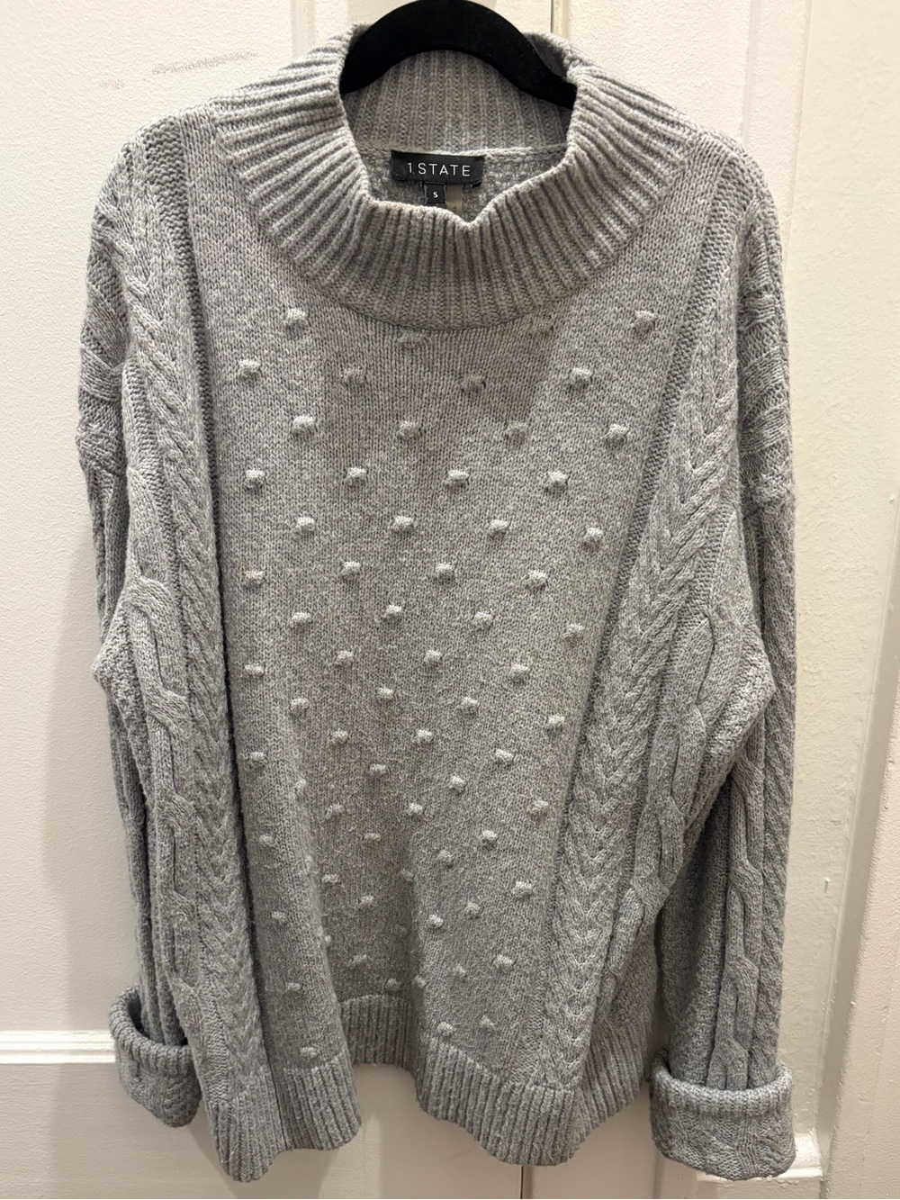 1. State Light Gray Textured Cable-Knit Turtleneck Sweater